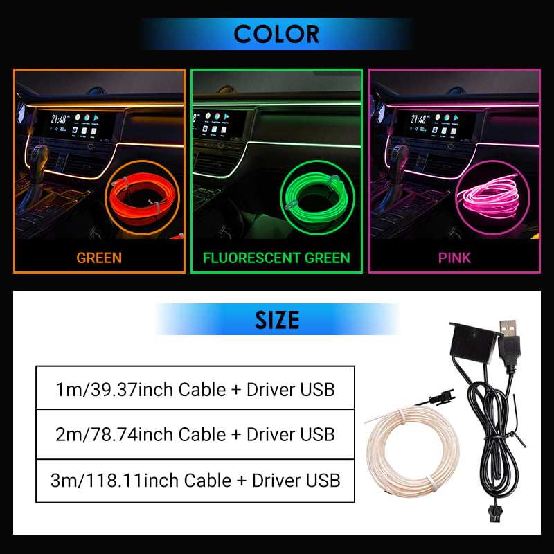 🚗 50% RABATT 🌈 Flexible Auto-Ambientelichter, zuschneidbar 1–3 m, 9 Farben ✨