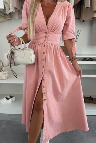 🌷Frühling Vorverkauf 49% Rabatt🍃👗Jeanskleid mit V-Ausschnitt und Knopfleiste für Damen