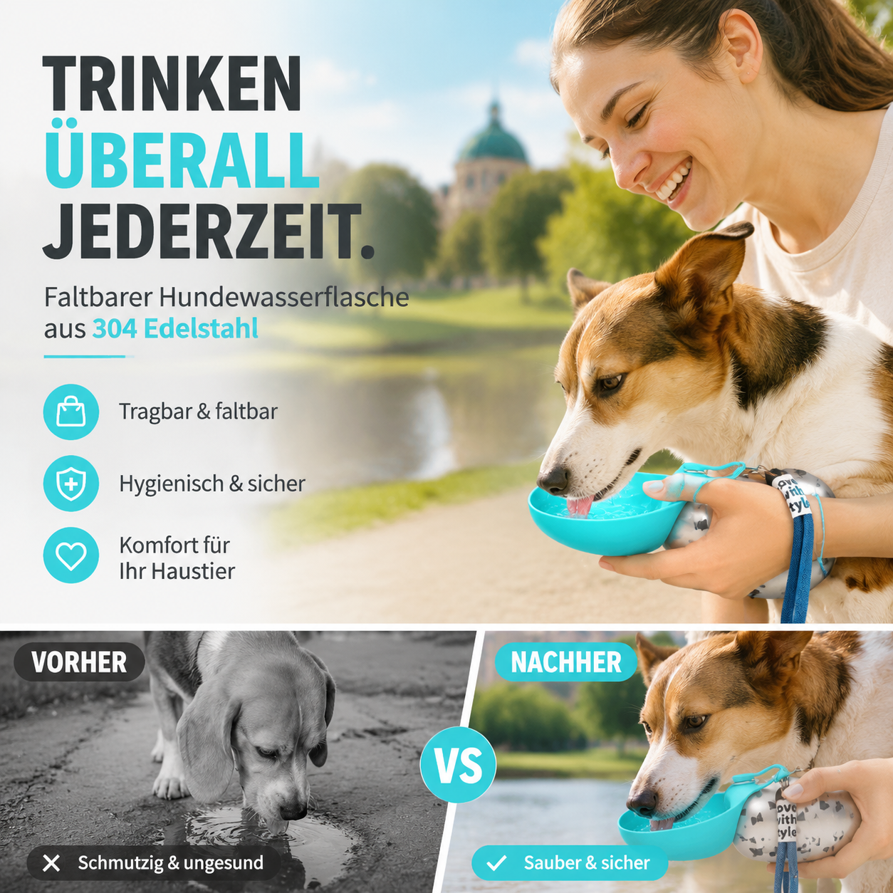 📢📢50 % Rabatt!!🥳 💧Tragbare Haustier‑Wasserflasche aus 304‑Edelstahl mit faltbarem Trinknapf