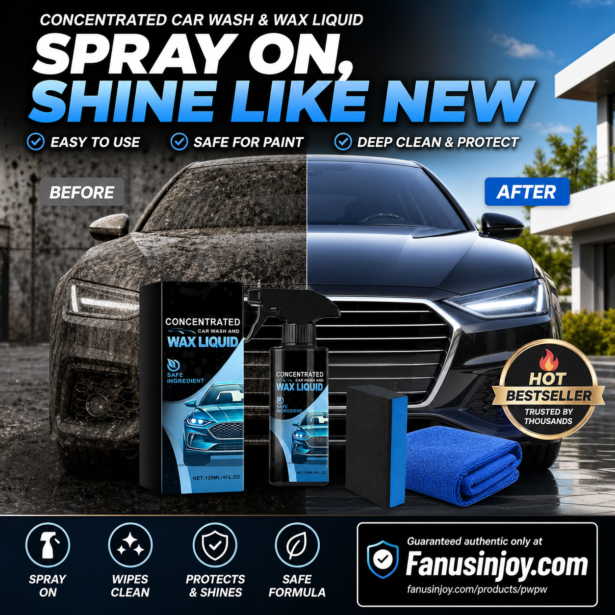 🚗✨50% RABATT NUR FÜR KURZE ZEIT! Konzentrierte Autowasch- und Wachsflüssigkeit, Sanftes & Effektives Reinigungs-Spray-Set mit Schwamm und Mikrofasertuch