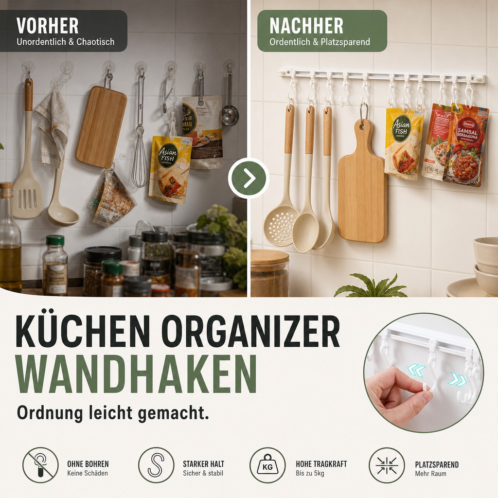 Multifunktionaler Schiebehaken – Montage ohne Bohren, verstellbarer Hakenabstand. Hält Geschirr, Handtücher & Bademäntel – keine Beschädigung der Wand! 🏠✨