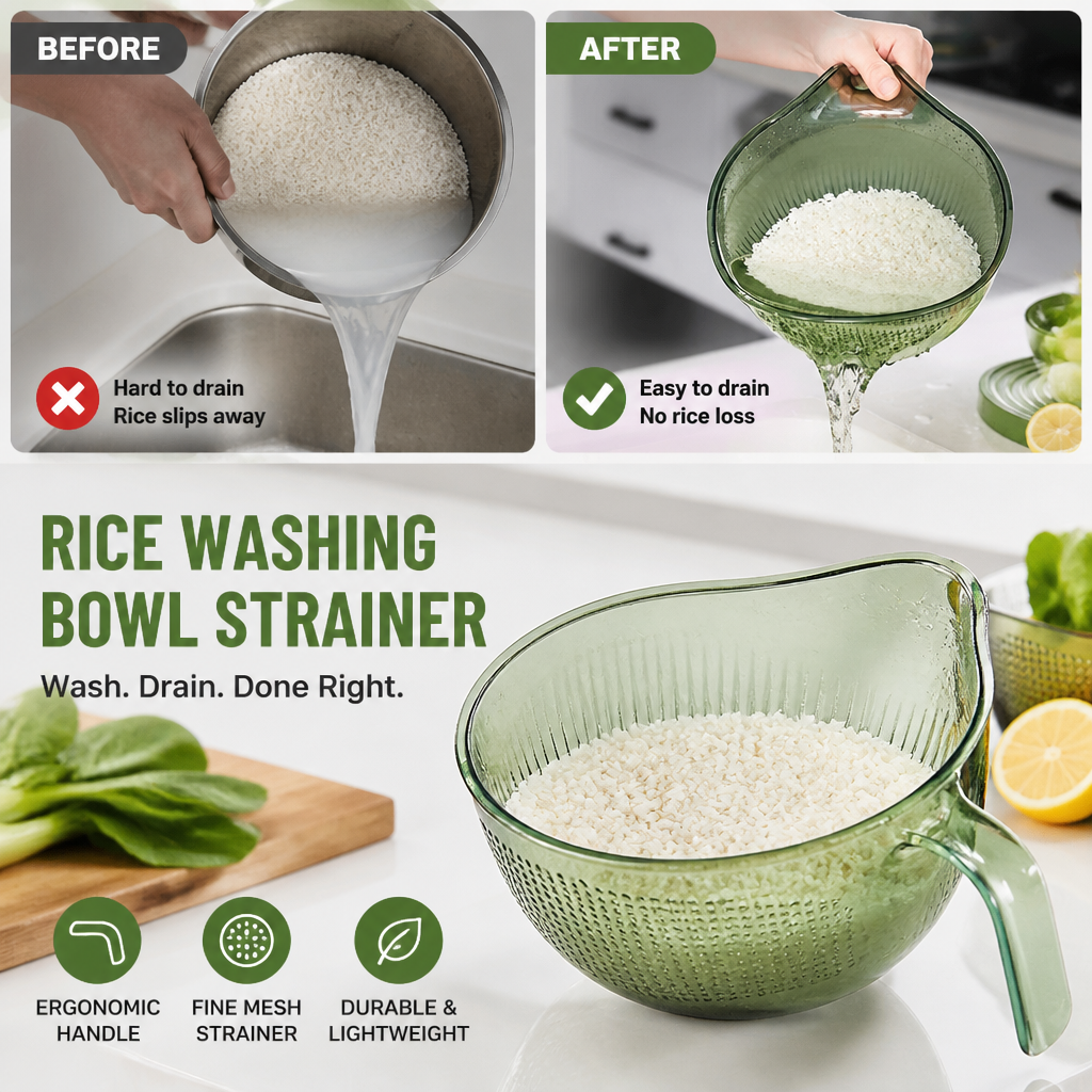 🍚 Reis waschen, ohne dass ein Körnchen verloren geht – feinmaschiges Sieb mit Griff.