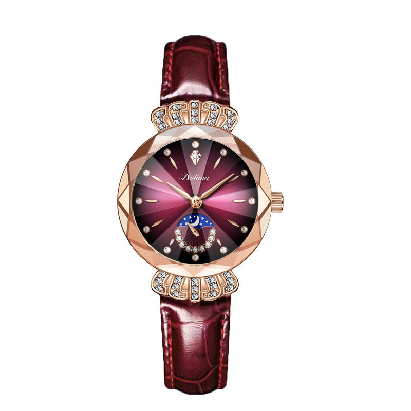 Modische Damenuhr mit synthetischem Diamant und Mond, Sternmuster