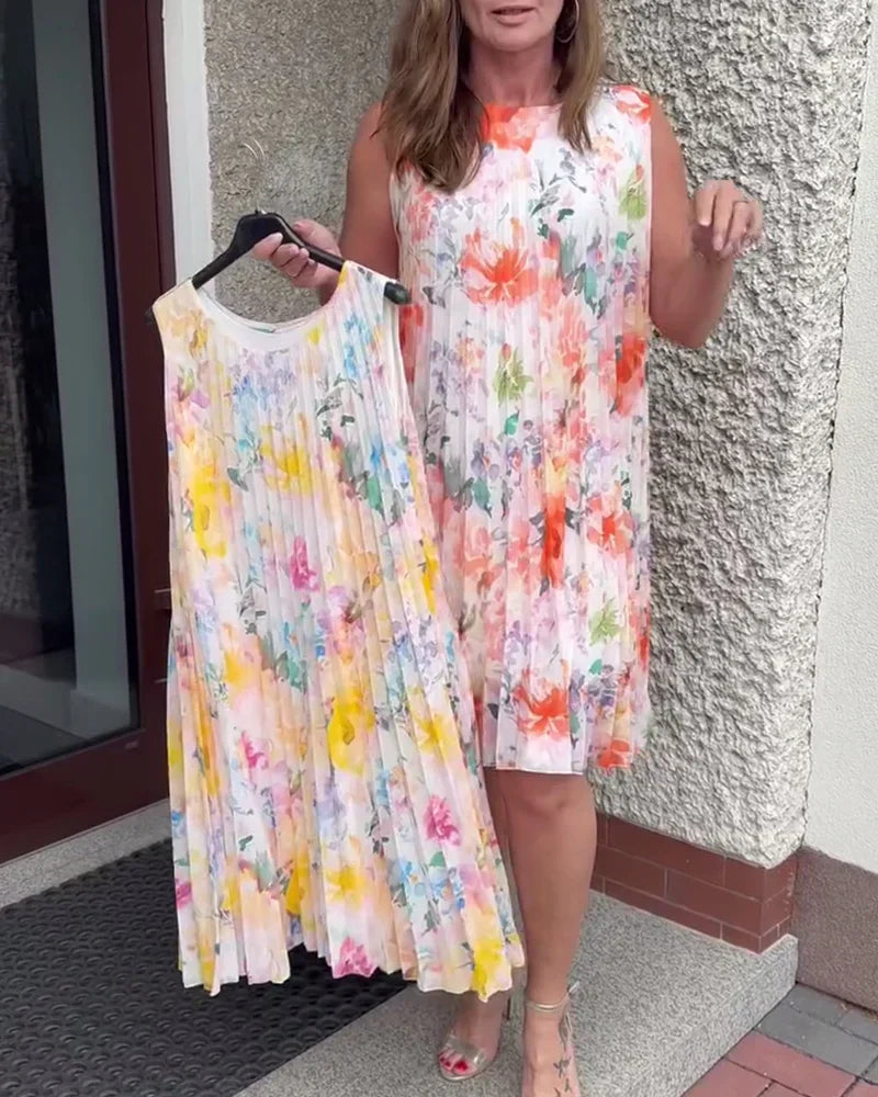 🌞Frühlingserwachen: 50% Rabatt!✨ Damen Ärmelloses Plissé-Midikleid mit Blumenprint
