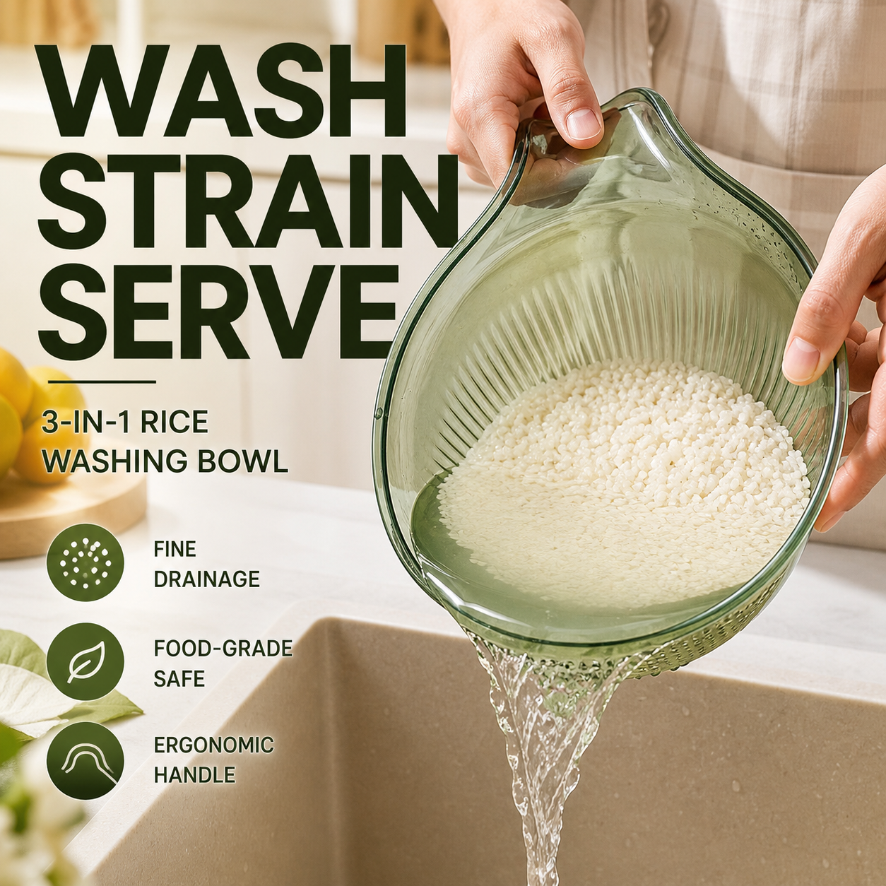 🍚 Reis waschen, ohne dass ein Körnchen verloren geht – feinmaschiges Sieb mit Griff.