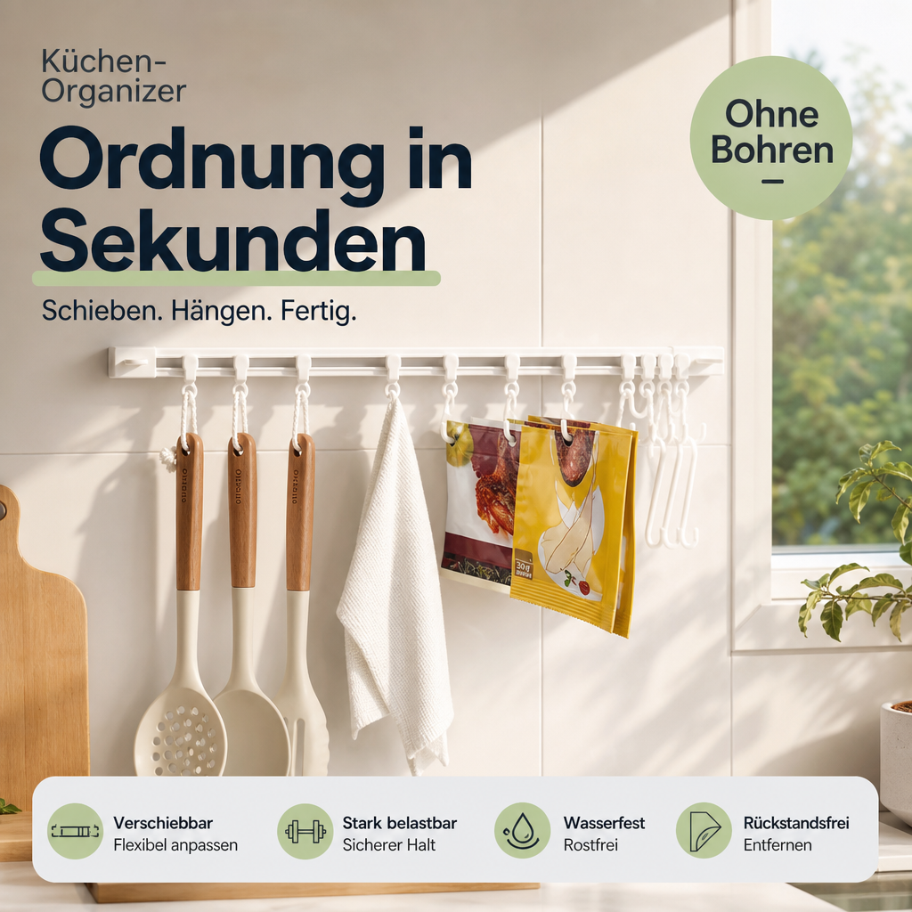 Multifunktionaler Schiebehaken – Montage ohne Bohren, verstellbarer Hakenabstand. Hält Geschirr, Handtücher & Bademäntel – keine Beschädigung der Wand! 🏠✨