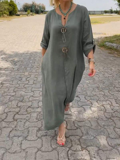 👗50% rabatt✨Lässiges Kleid mit V-Ausschnitt aus Baumwolle und Leinen