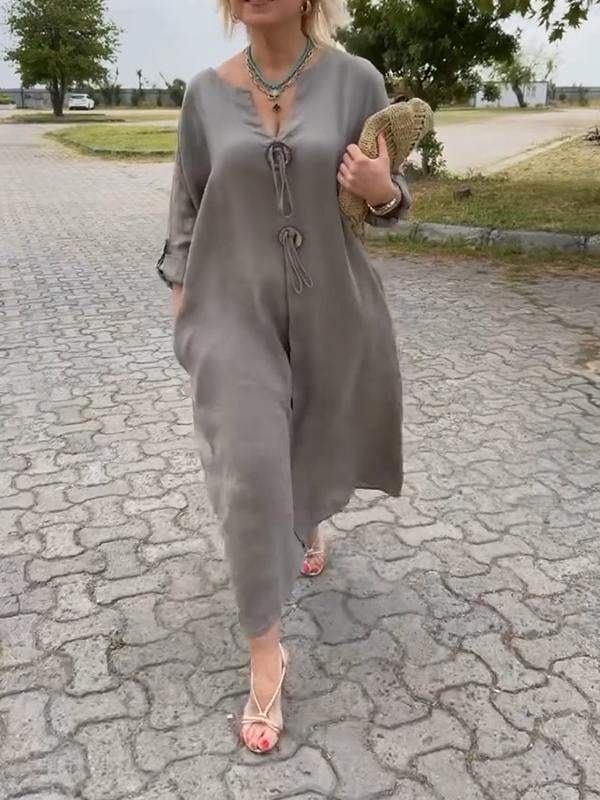 👗50% rabatt✨Lässiges Kleid mit V-Ausschnitt aus Baumwolle und Leinen
