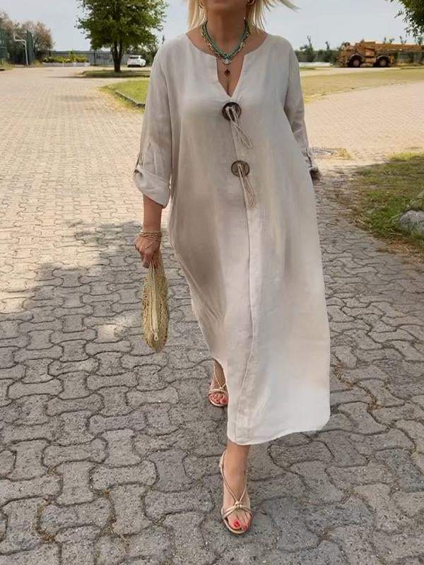 👗50% rabatt✨Lässiges Kleid mit V-Ausschnitt aus Baumwolle und Leinen