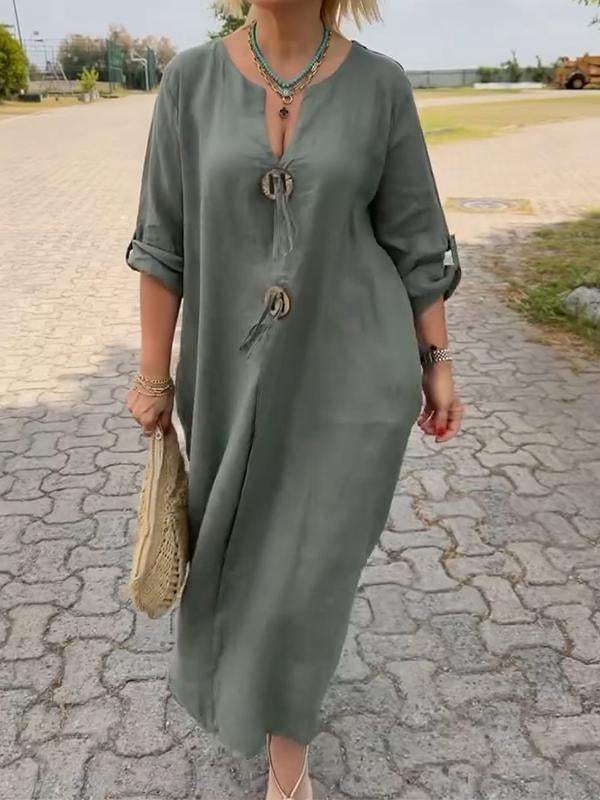 👗50% rabatt✨Lässiges Kleid mit V-Ausschnitt aus Baumwolle und Leinen