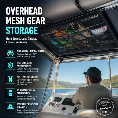 🚤 50% sparen! 🎣 Overhead Mesh Aufbewahrungsnetz – Mehrere Taschen & verstellbar für SUV/Van ✨
