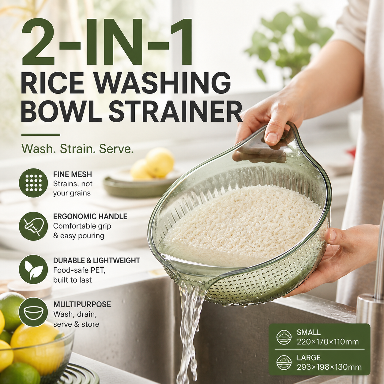 🍚 Reis waschen, ohne dass ein Körnchen verloren geht – feinmaschiges Sieb mit Griff.