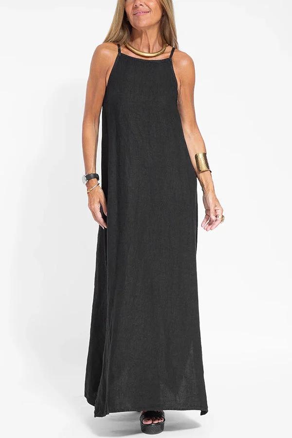 🔥Lässiges, einfarbiges, ärmelloses Neckholder-Leinenkleid für Damen
