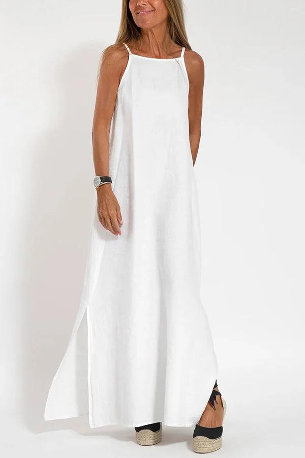 🔥Lässiges, einfarbiges, ärmelloses Neckholder-Leinenkleid für Damen