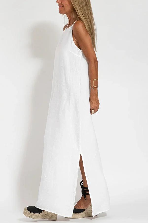 🔥Lässiges, einfarbiges, ärmelloses Neckholder-Leinenkleid für Damen
