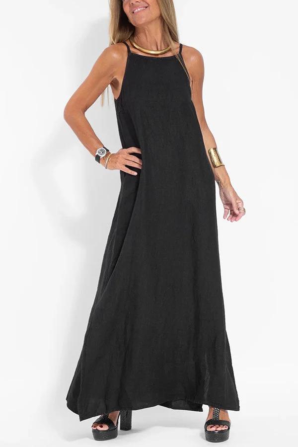 🔥Lässiges, einfarbiges, ärmelloses Neckholder-Leinenkleid für Damen