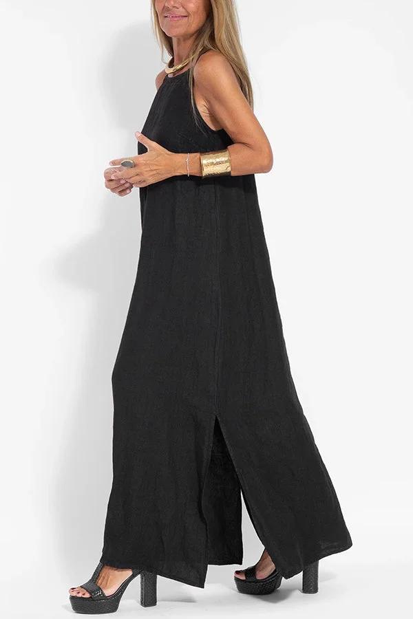 🔥Lässiges, einfarbiges, ärmelloses Neckholder-Leinenkleid für Damen