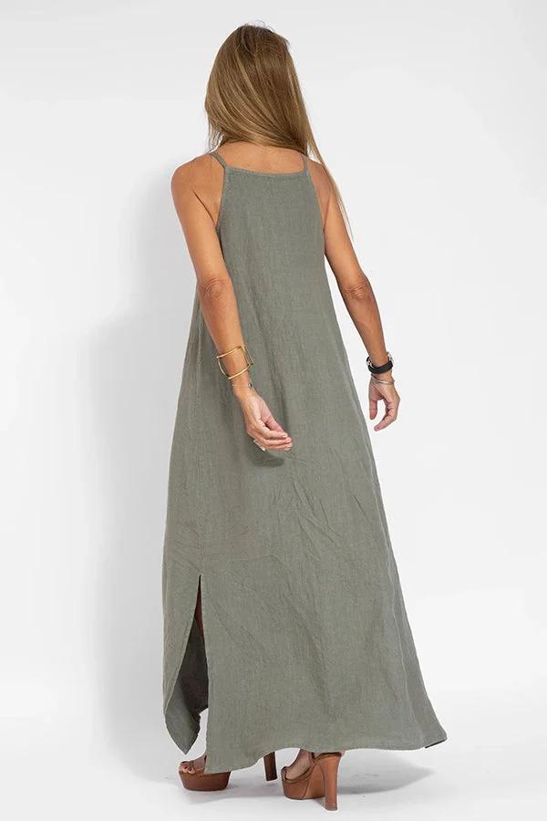 🔥Lässiges, einfarbiges, ärmelloses Neckholder-Leinenkleid für Damen