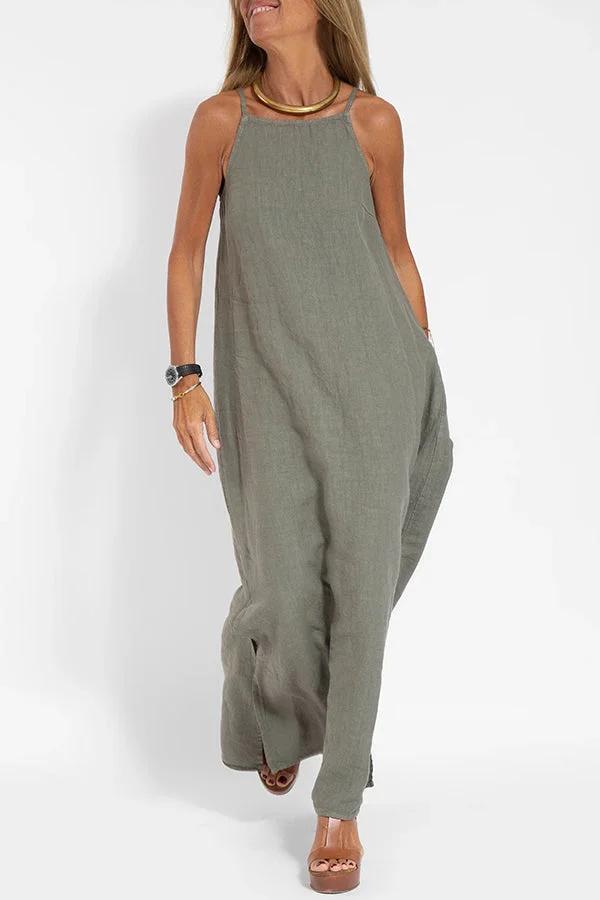 🔥Lässiges, einfarbiges, ärmelloses Neckholder-Leinenkleid für Damen