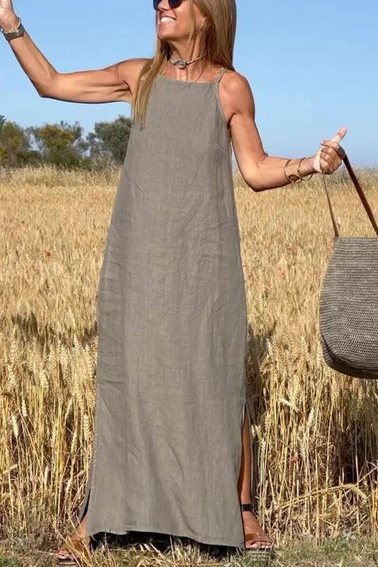 🔥Lässiges, einfarbiges, ärmelloses Neckholder-Leinenkleid für Damen