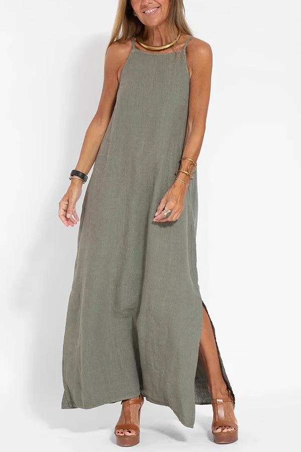 🔥Lässiges, einfarbiges, ärmelloses Neckholder-Leinenkleid für Damen