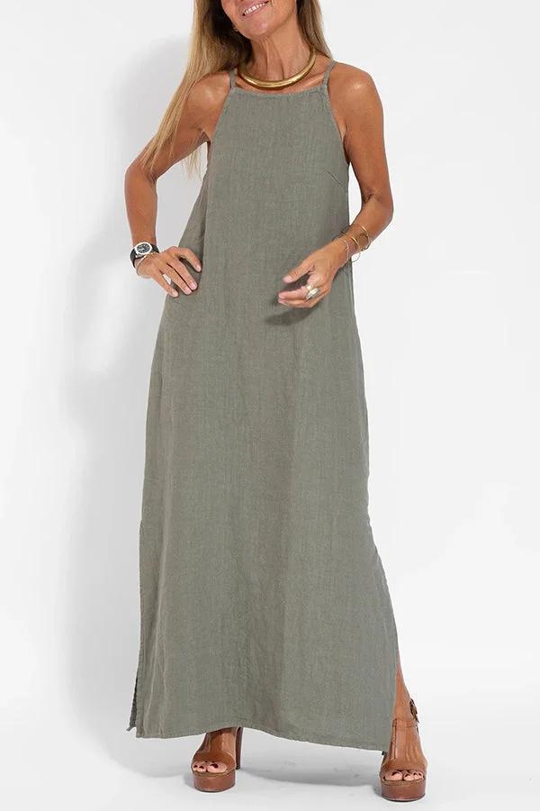 🔥Lässiges, einfarbiges, ärmelloses Neckholder-Leinenkleid für Damen