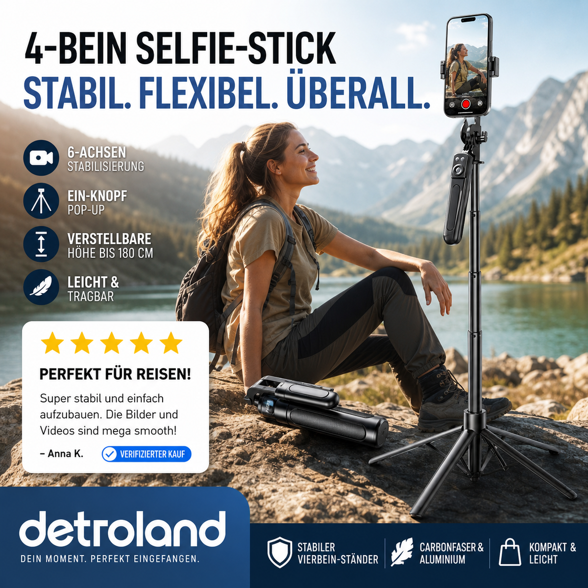 📱 4-beiniger Selfie-Stick für Smartphones – stabiler Stand, flexibel einsetzbar & vielseitig – perfekt für Selfies, Gruppenfotos, Vlogs & Videoanrufe – kompakt & leicht zu transportieren | Versandfrei