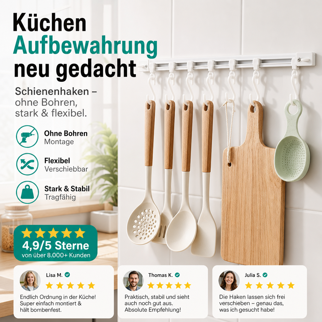 Multifunktionaler Schiebehaken – Montage ohne Bohren, verstellbarer Hakenabstand. Hält Geschirr, Handtücher & Bademäntel – keine Beschädigung der Wand! 🏠✨