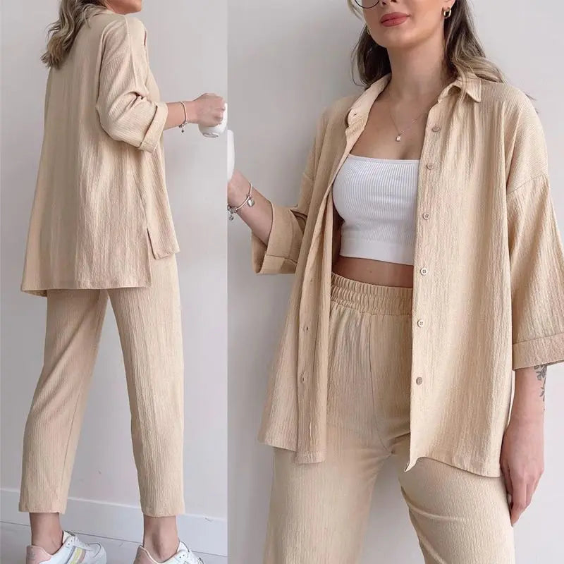 🌸Neuankömmlinge 50 % RABATT💖Modisches, lässiges Sommer-Set aus Hemd und Hose, 2-teilig, für Damen