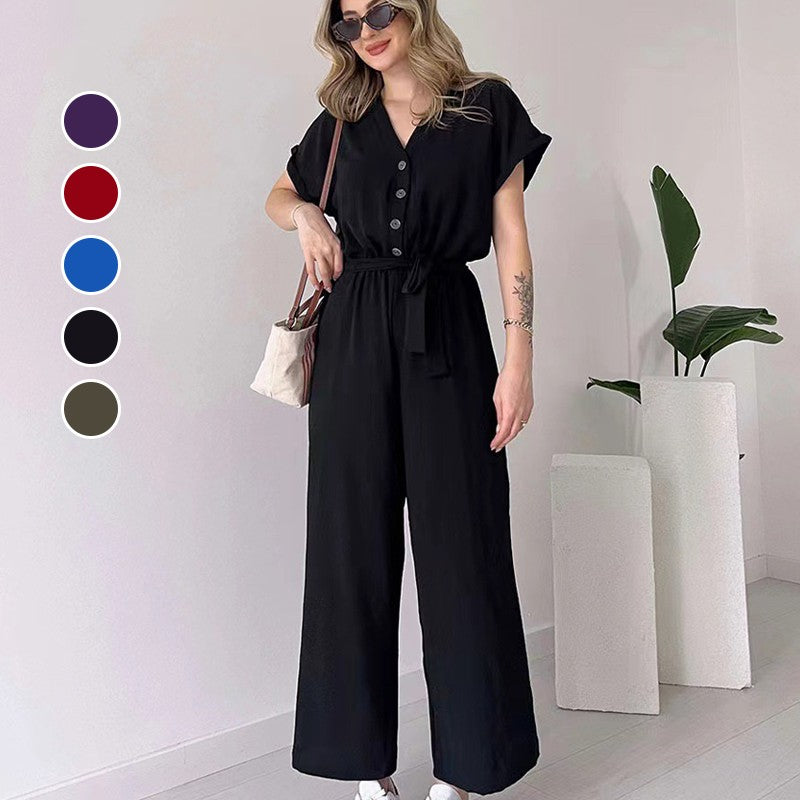 🌸 Lässiger Damen Overall mit V-Ausschnitt und kurzen Ärmeln