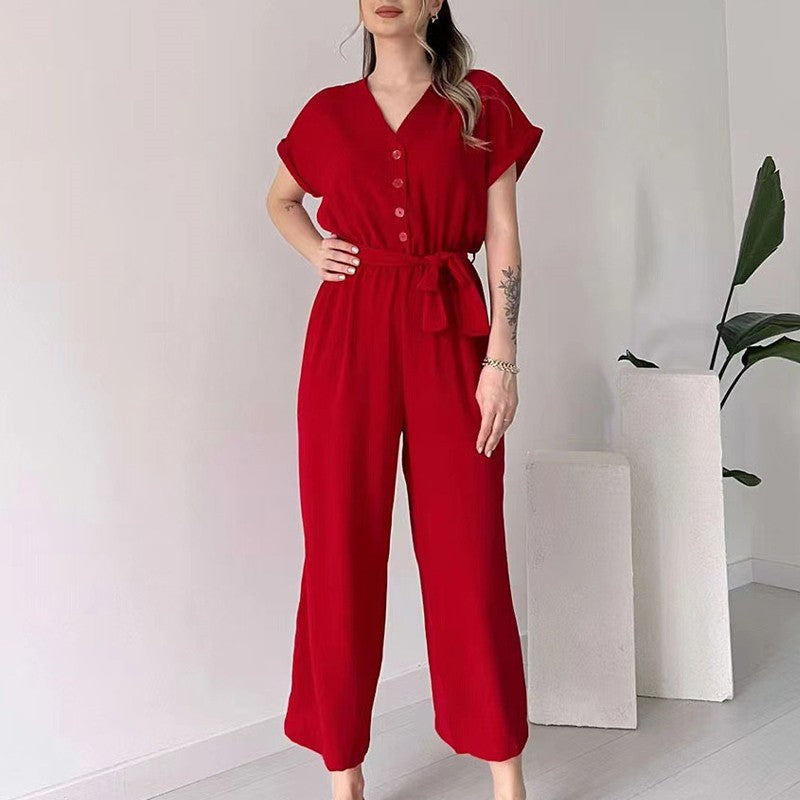 🌸 Lässiger Damen Overall mit V-Ausschnitt und kurzen Ärmeln