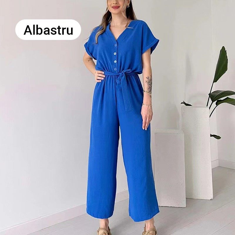 🌸 Lässiger Damen Overall mit V-Ausschnitt und kurzen Ärmeln