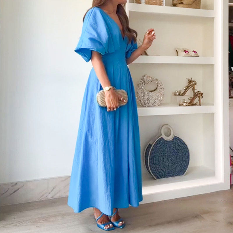 👗Modisches, plissiertes, rückenfreies, langes Kleid mit V-Ausschnitt