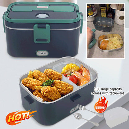 🍱⚡ Elektrische Lunchbox mit Heizfunktion | Edelstahl-Innenbehälter | 1,8L Fassungsvermögen | Auslaufsicher | Inkl. Besteck & Tragetasche | Für Zuhause & Unterwegs