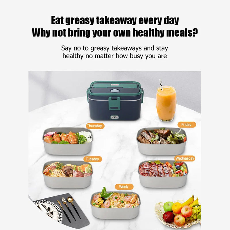 🍱⚡ Elektrische Lunchbox mit Heizfunktion | Edelstahl-Innenbehälter | 1,8L Fassungsvermögen | Auslaufsicher | Inkl. Besteck & Tragetasche | Für Zuhause & Unterwegs