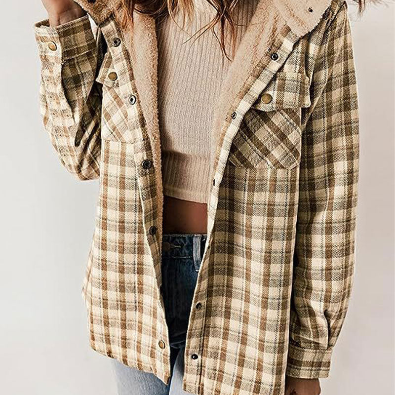 Trendige karierte Winterjacke mit Kapuze für Frauen