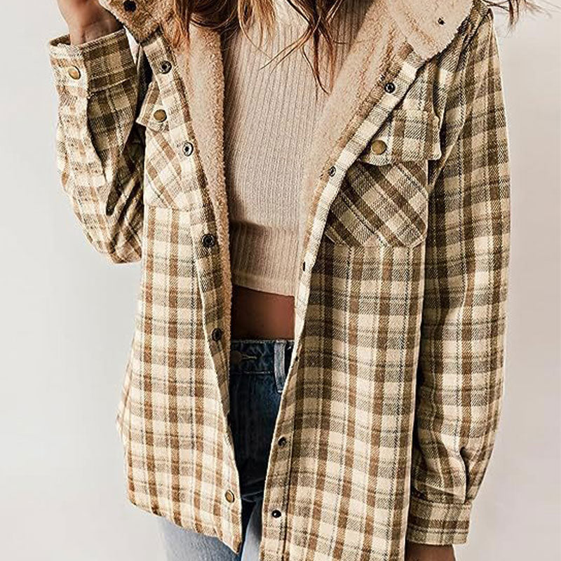 Trendige karierte Winterjacke mit Kapuze für Frauen
