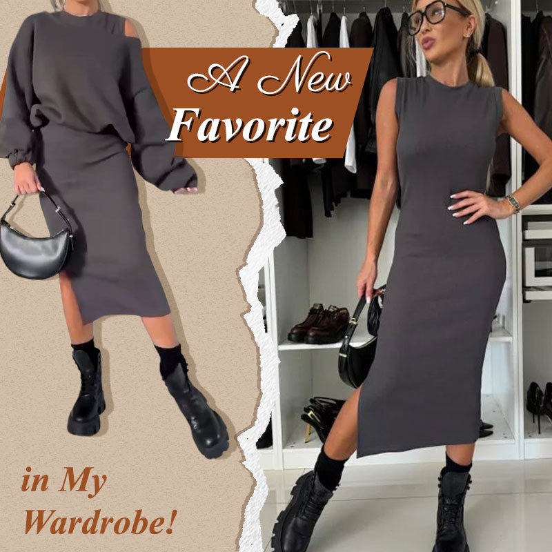 🍂Damen-Set mit Sweatshirt mit schrägen Schultern und ärmellosem Kleid🌸