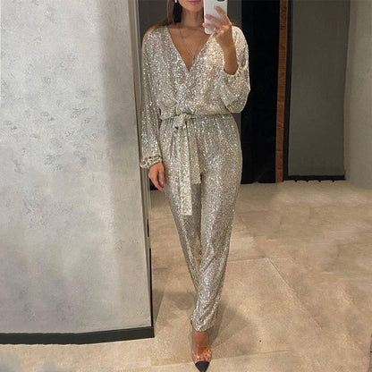 Women's Sparkly V Neck Belted Jumpsuits