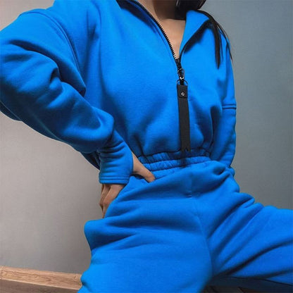 Women’s Half-zip Hooded Jacket and Jogger Pants Jumpsuit with Elastic Waist