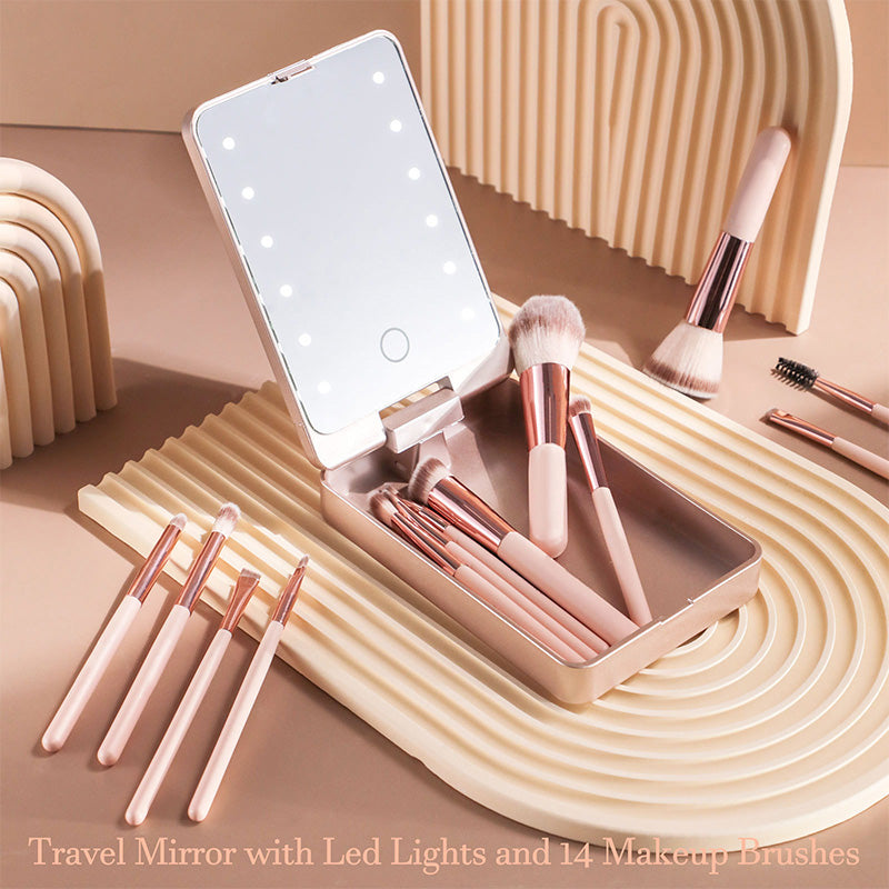 Reise-Makeup-Pinselset mit LED-Licht-Spiegel