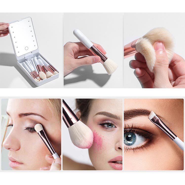 Reise-Makeup-Pinselset mit LED-Licht-Spiegel