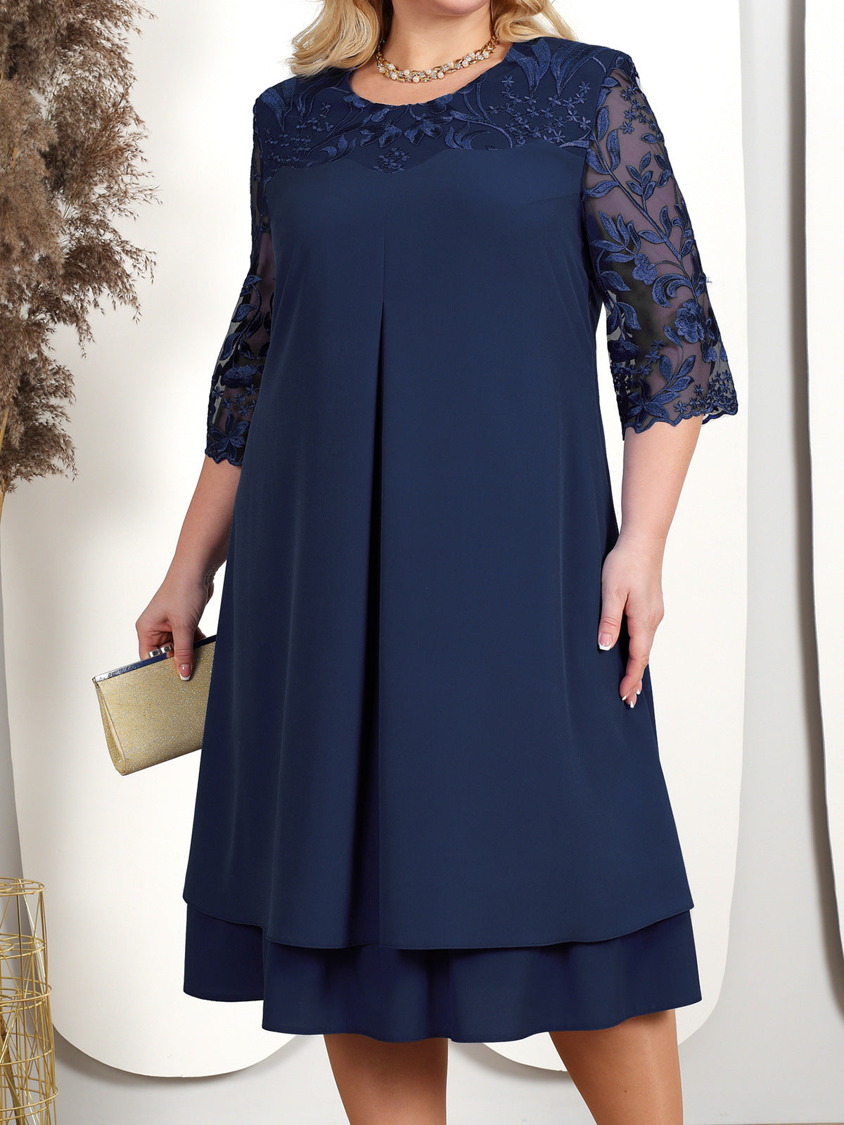 🎁Frühjahrsverkauf 49% Rabatt🔥Damen Besticktes Chiffon Rundhalskleid
