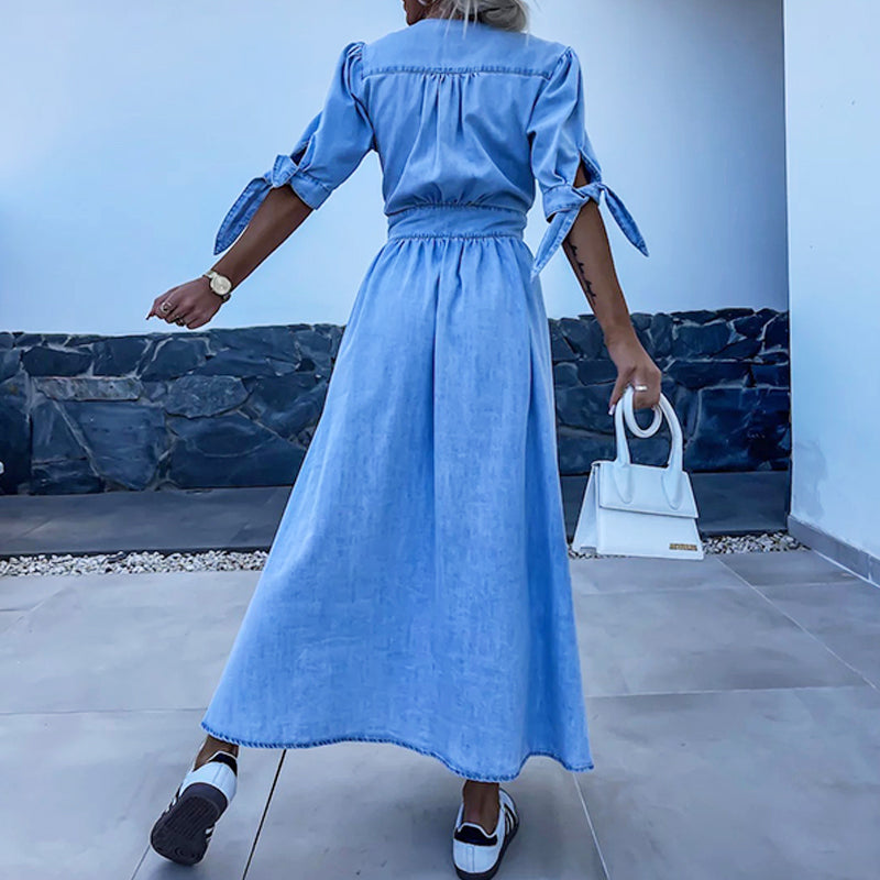 🌷Frühling Vorverkauf 49% Rabatt🍃👗Jeanskleid mit V-Ausschnitt und Knopfleiste für Damen