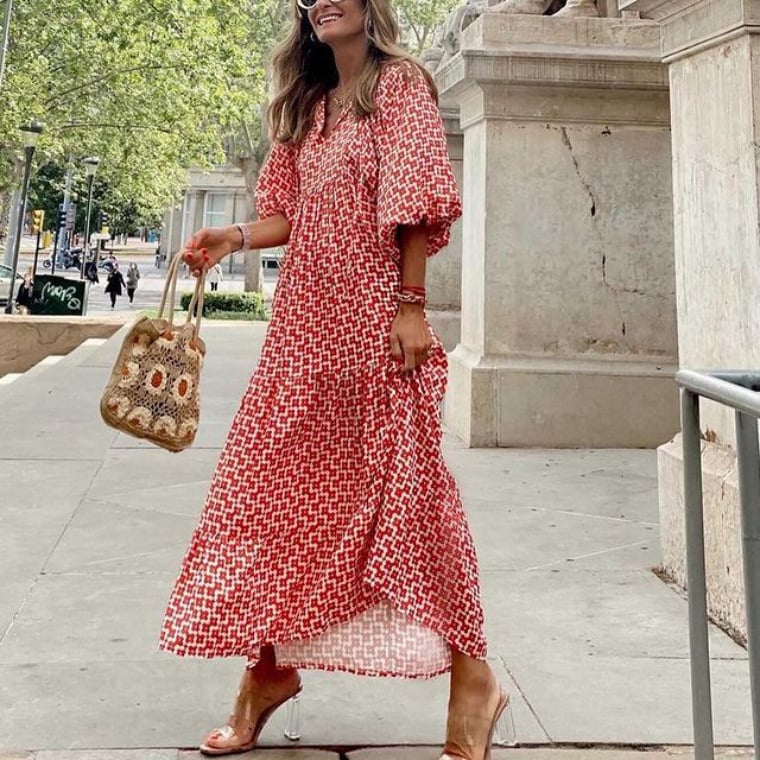 🌸Große Preisreduzierung🌸 Elegantes Damen-Boho-Maxikleid mit Puffärmeln und Blumenmuster
