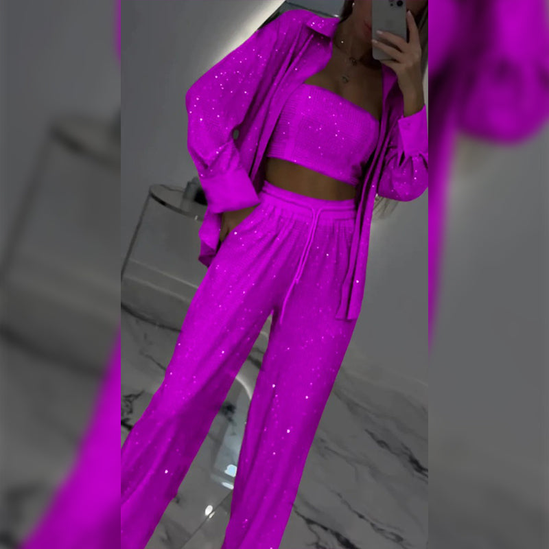 💕Paillettenblazer und weite Hose für Damen (3-teiliges Set)