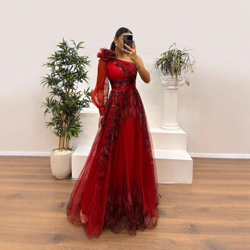 💃✨Damen modisches bedrucktes Kleid mit schräger Schulter aus Mesh