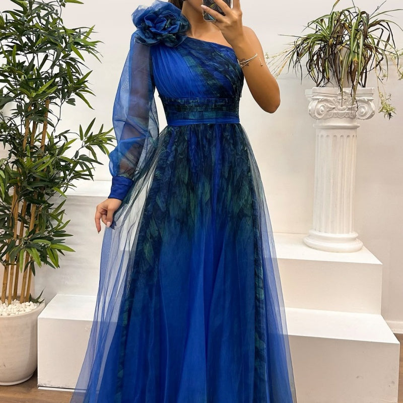 💃✨Damen modisches bedrucktes Kleid mit schräger Schulter aus Mesh