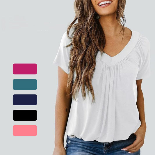 Kaufen Sie 2 gratis Versand🎁Lässiges Damen-Top mit plissiertem V-Ausschnitt und kurzen Ärmeln👚