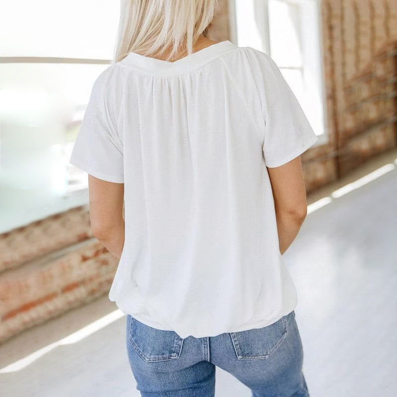 Kaufen Sie 2 gratis Versand🎁Lässiges Damen-Top mit plissiertem V-Ausschnitt und kurzen Ärmeln👚